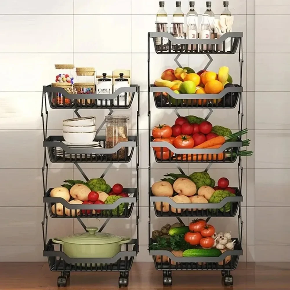 Movable Multi-Layer Vegetable Storage Racks Kitchen Storage Shelf Stackable Cart Fruit Basket Rack With Wheel Closet Organizer