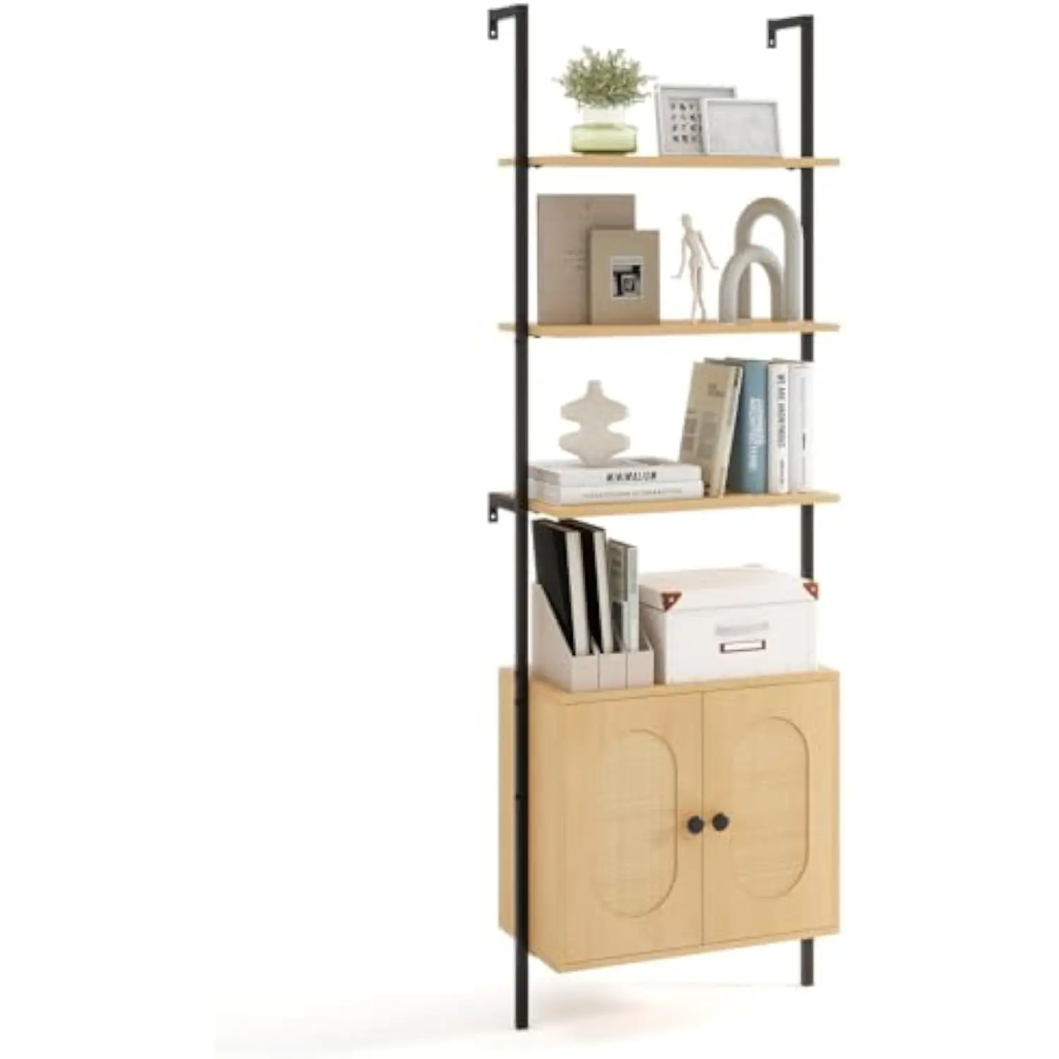 

72.5 Ladder Bookshelf with Cabinet, 6-Tier Tall Wall Mounted Bookcase W/Open Shelves & Rattan Storage Compartment, Sturdy Meta