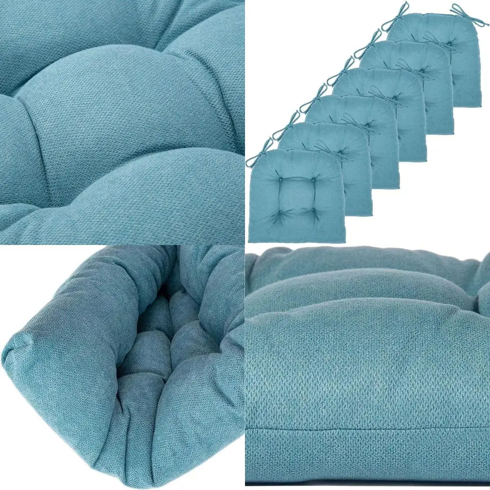 

Set of 6 Teal Dining Chair Cushions, 17x16 inches, with Ties for Indoor Kitchen and Desk Chairs