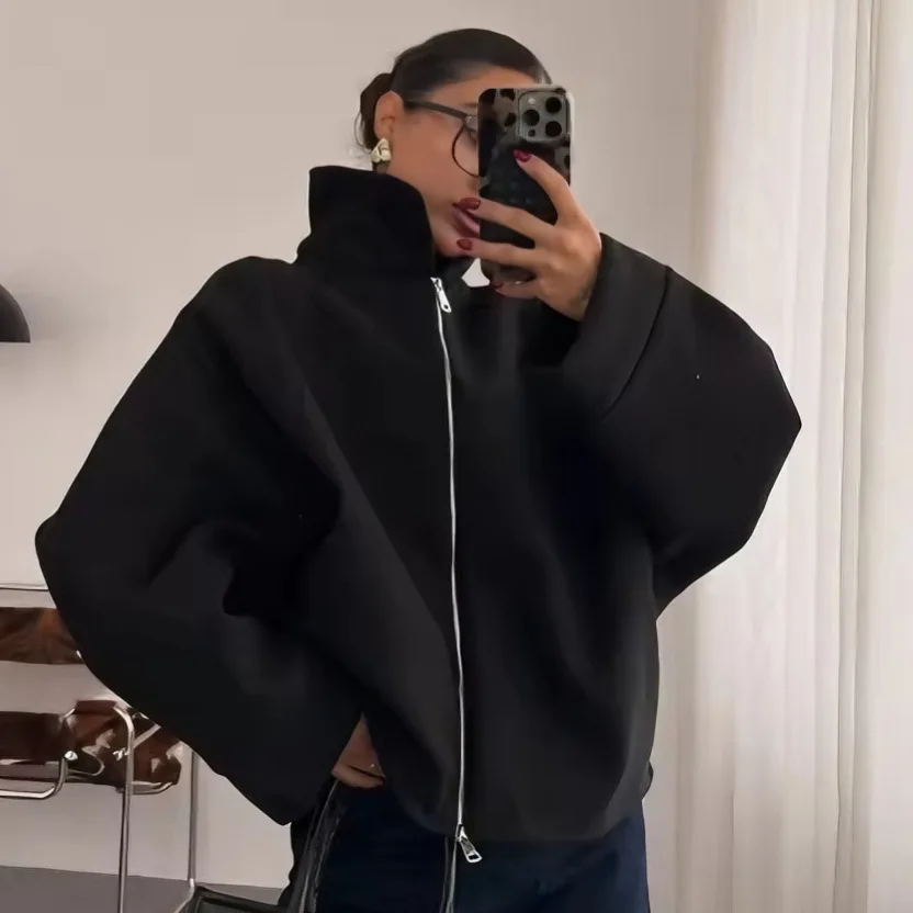 

KIDCRKJ Women Spring Woolen Coat Zipper Loose Long Sleeve Lapel Female Short Jacket 2026 Commute Street Office Lady Outwear