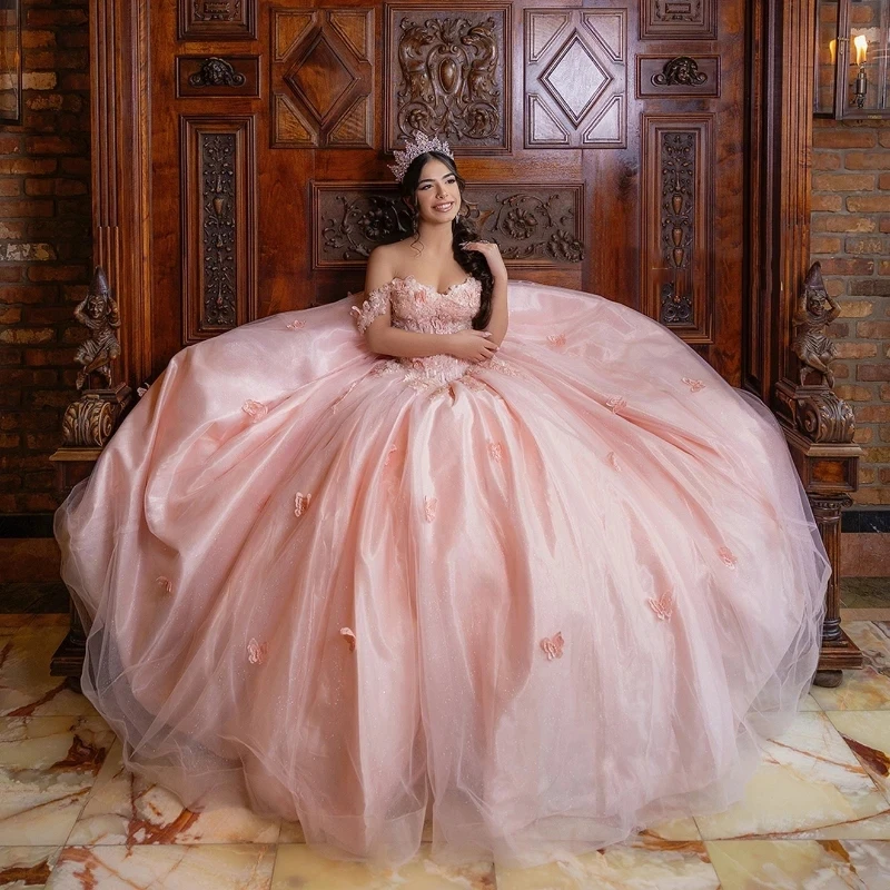 

Pink Off The Shoulder Quinceanera Dresses Sweetheart Princess 3D Bow Lace Beads Tull Sweet 16 Dress Birthday vestidos de 15 años