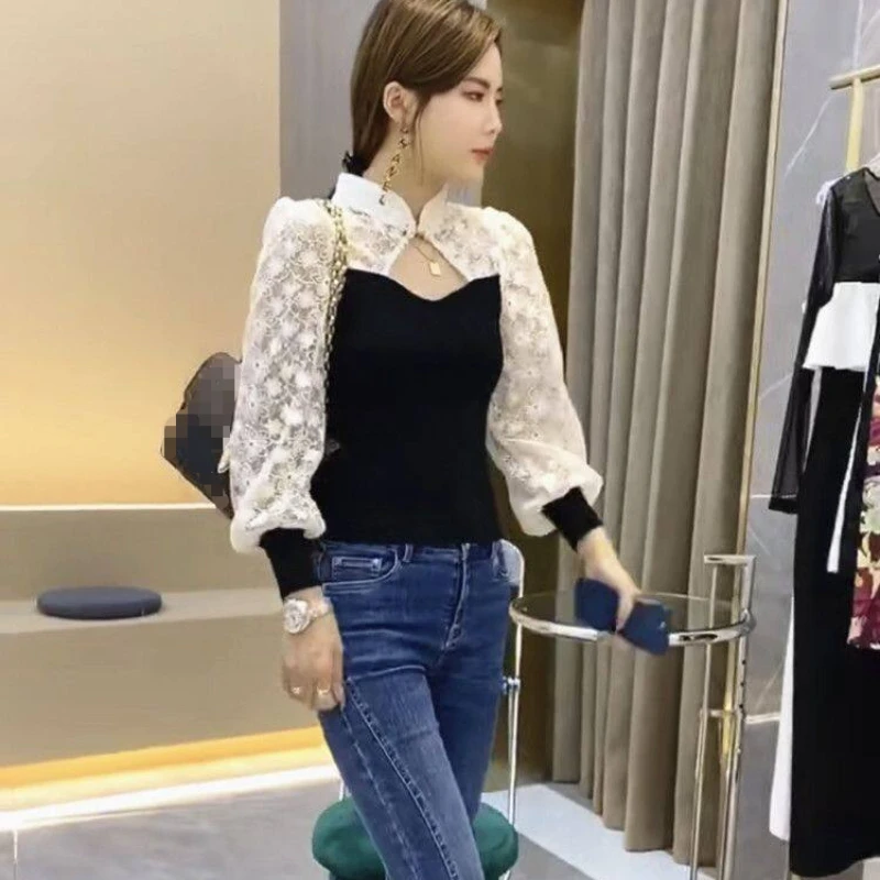 Lace Blouse Women Fashion Slim Korean Shirt Long Sleeve New Design Black Top 2024 New