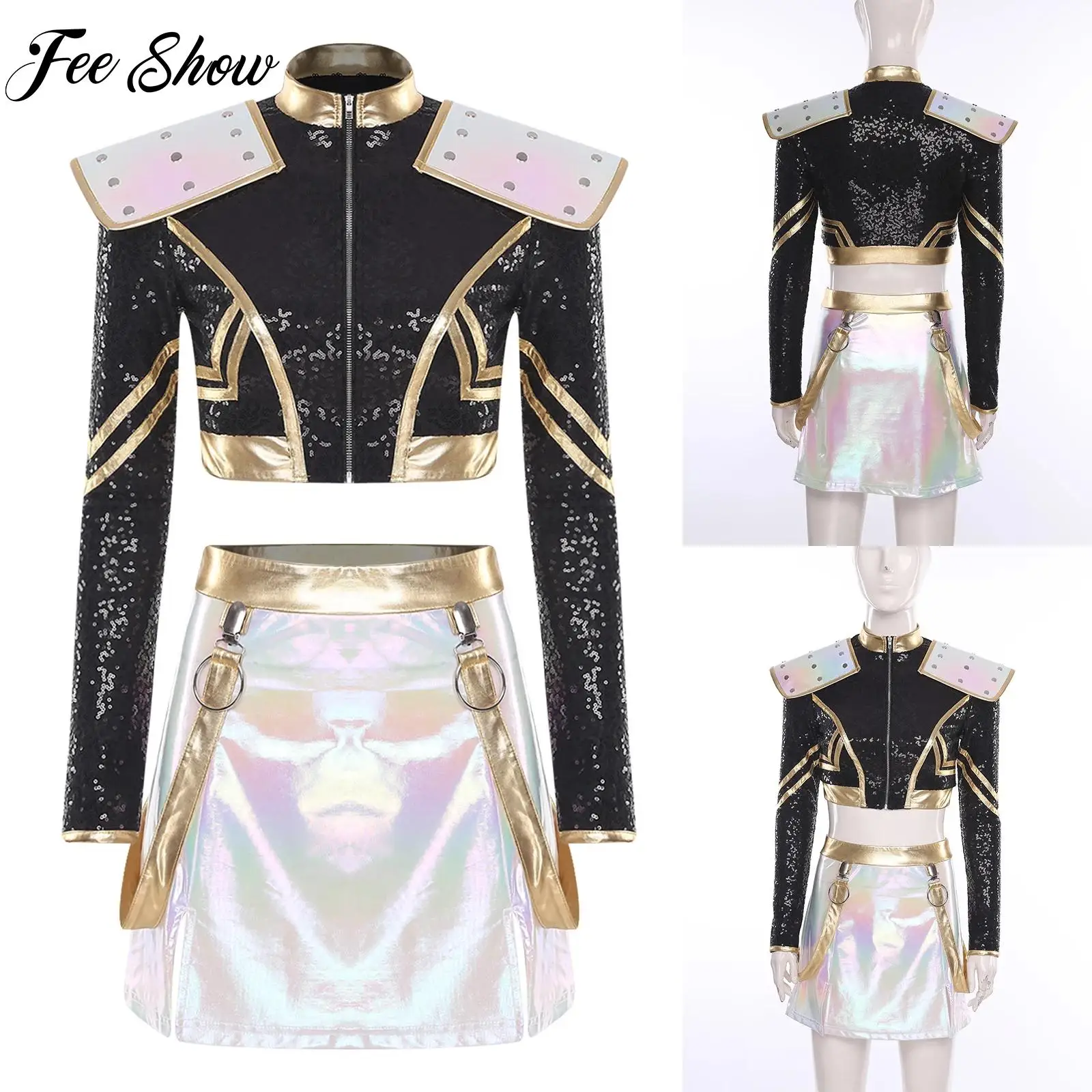 

Womens Halloween Cosplay Party Costume Long Sleeve Rivet Shoulder Boards Sequined Short Jacket+Metallic Shiny Mini Skirts Outfit
