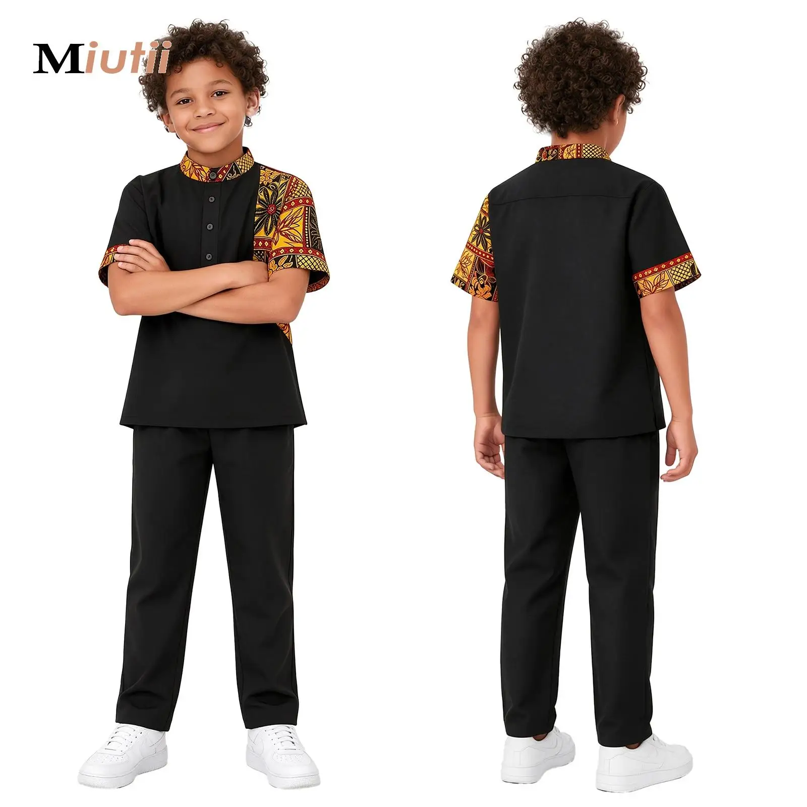 6-16Y Kids Boys African Outfit Short Sleeve Button-up Color-blocked Printed Dashiki Top with Elastic Waist Pockets Pants Set