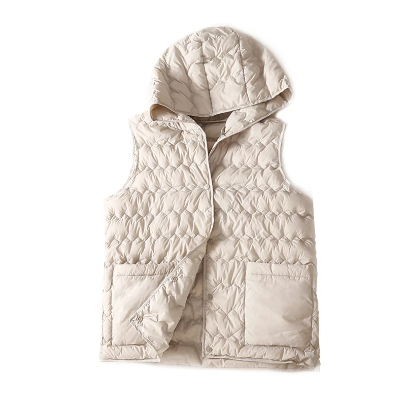 Thin Light Soft Padded Cotton Sleeveless Autumn Winter Down Vest Coats Hooded Pockets Fashion Women Spring Outwear Coats Vests