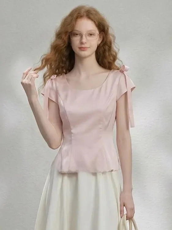 

Розовый топ с бантом и бретелями, мягкий, с эффектом утяжки талии, во французском стиле, приталенный, для повседневной носки, с круглым вырезом, цельный, повседневная верхняя одежда