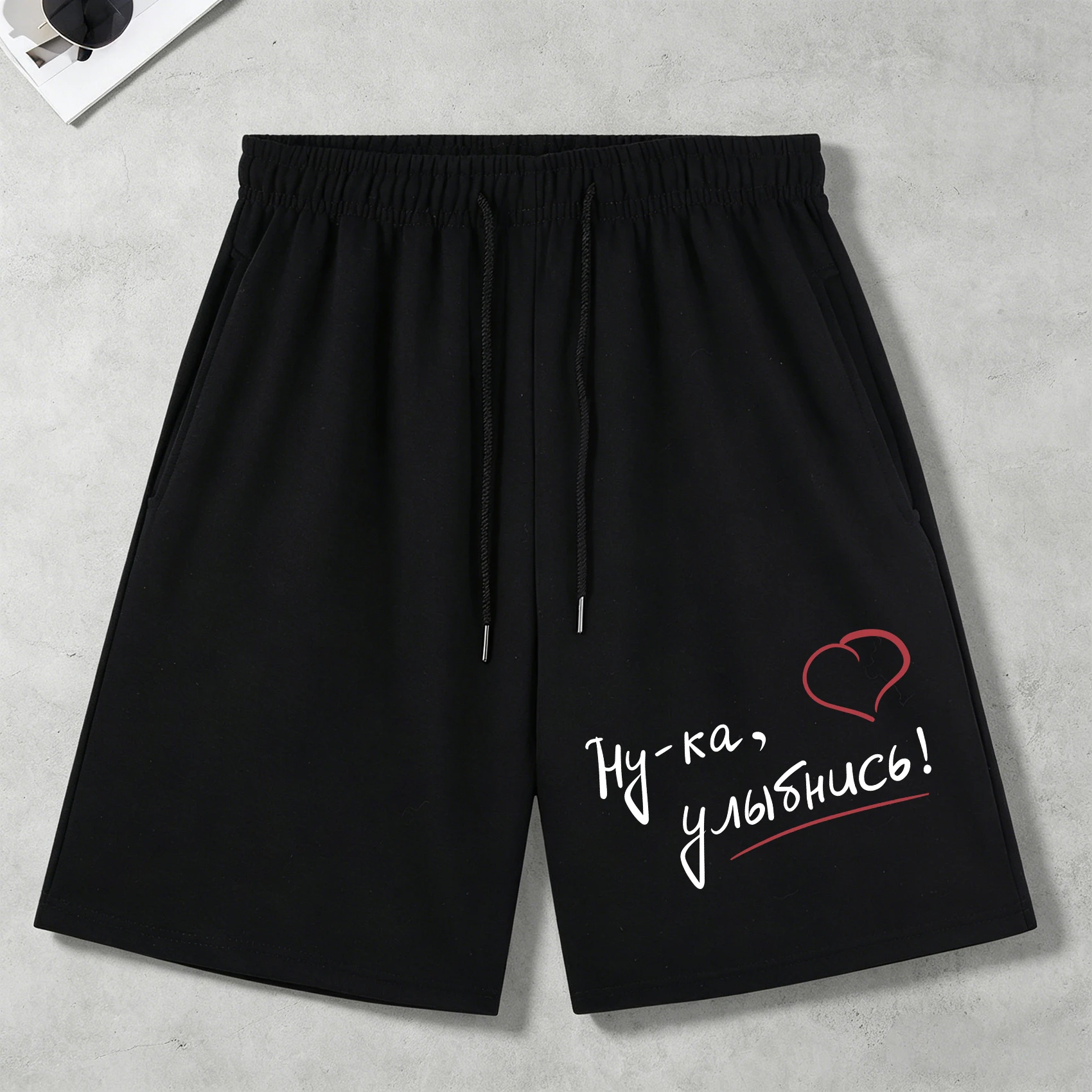 

Design Inspired Letters And Hearts Retro Mens Pants Fashion Drawstring Sportwear Basics Wide-Leg Pants Unisex Loose Black Shorts