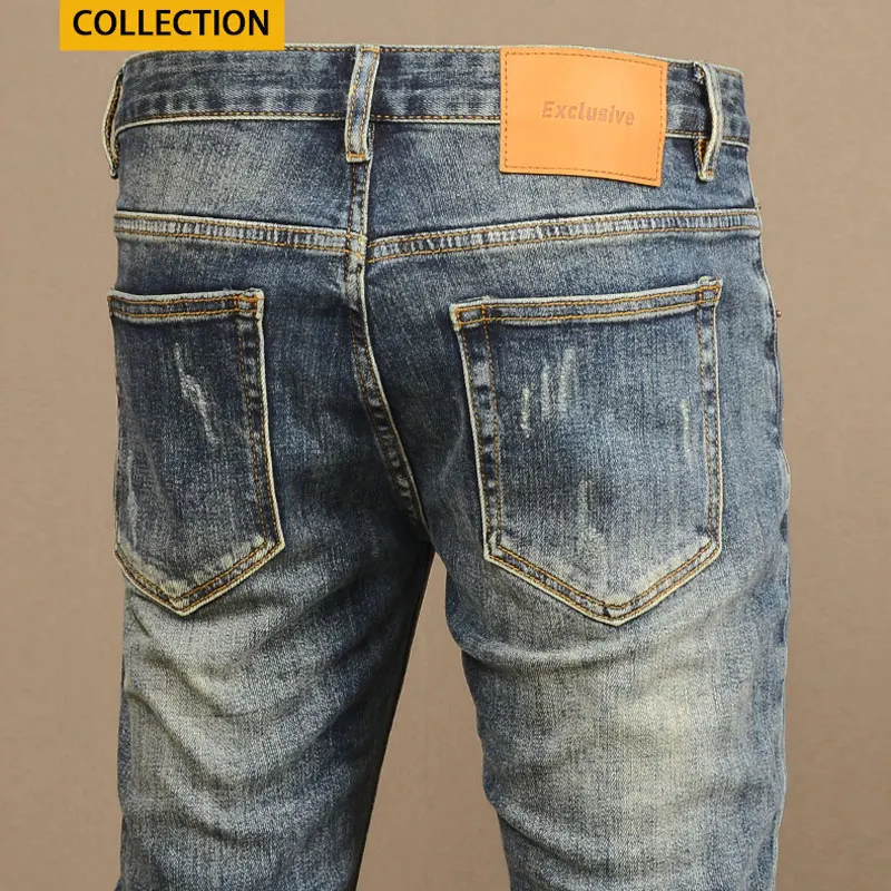 Fashion Streetwear Men Jeans Retro Blue Stretch Slim Fit Elastic Ripped Jeans Men Vintage Designer Denim Pencil Pants Hombre