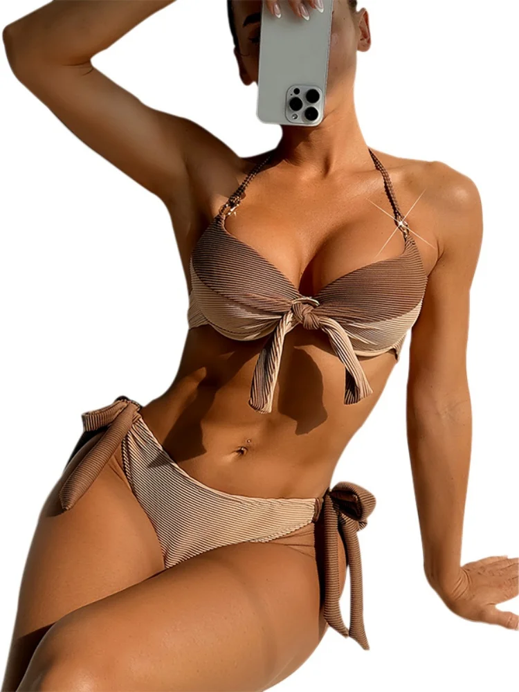 بيكيني النساء ملابس السباحة 2025 جديد الصلبة الرسن تصميم مجموعة البكيني مثير عالية الخصر ملابس الصيف 2 قطعة مجموعة بحر ثوب السباحة