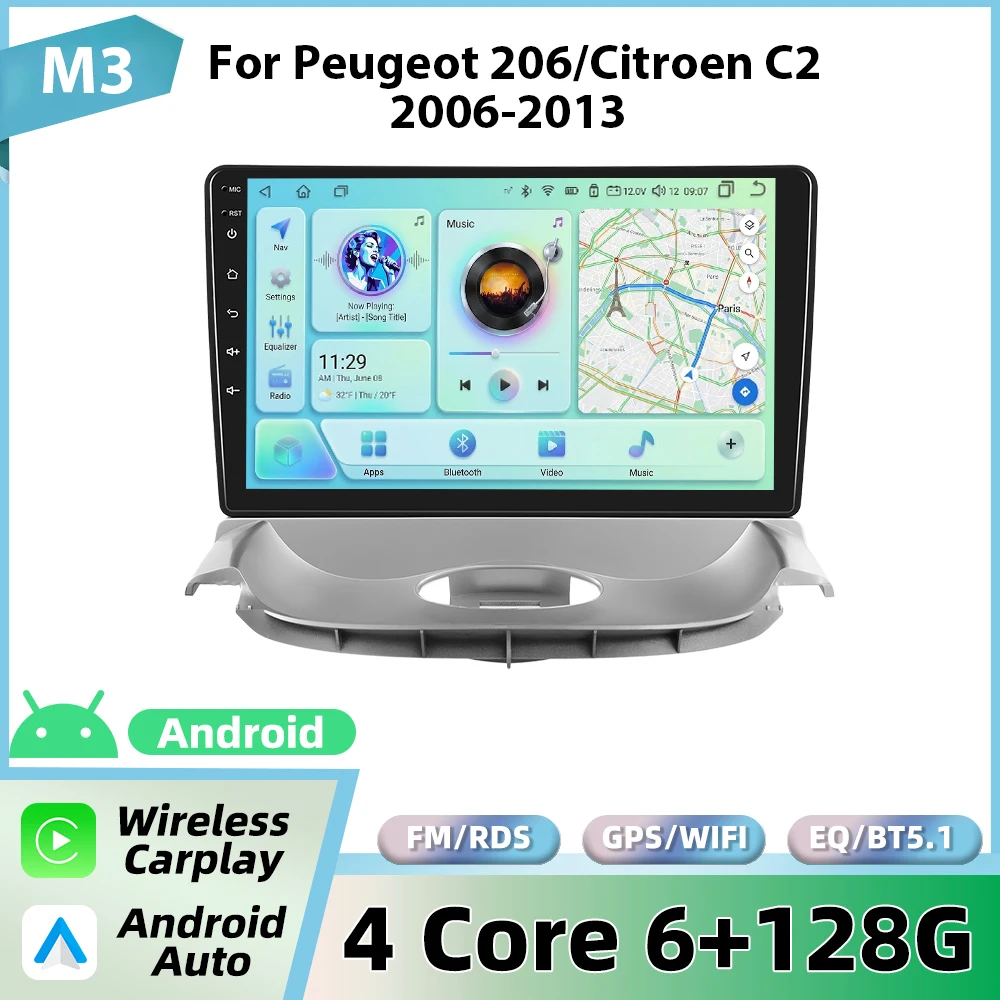 Podofo autoradio voor Peugeot 206 2004-2008/Citroen C2 2006-2013 met draadloze CarPlay, Android Auto, GPS, FM, WiFi, BT en multimedia stereo.