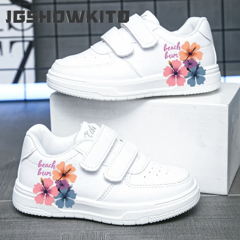 All Seasons Girls White Shoes with Cartoon Flowers Printed Kids Casual Skate Sneakers Soft Hook and Loop Fashion Autumn Non-slip
