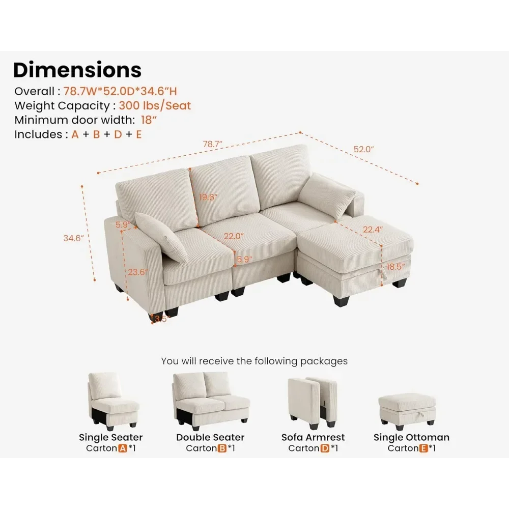 Sofá Modular Seccional de pana, mueble personalizable en forma de U con otomana de almacenamiento, Reversible, para sala de estar