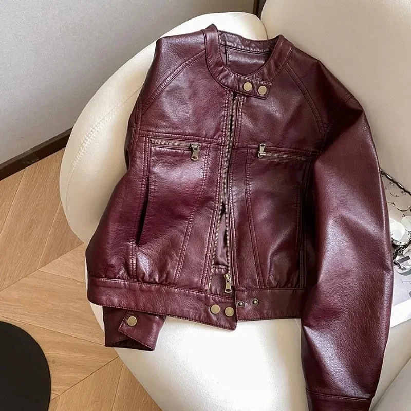 American Femme Large Size 4XL PU Leather Top Jacket Autumn Women Round Neck Loose Coat Winter Lady High End Faux Leather Outwear