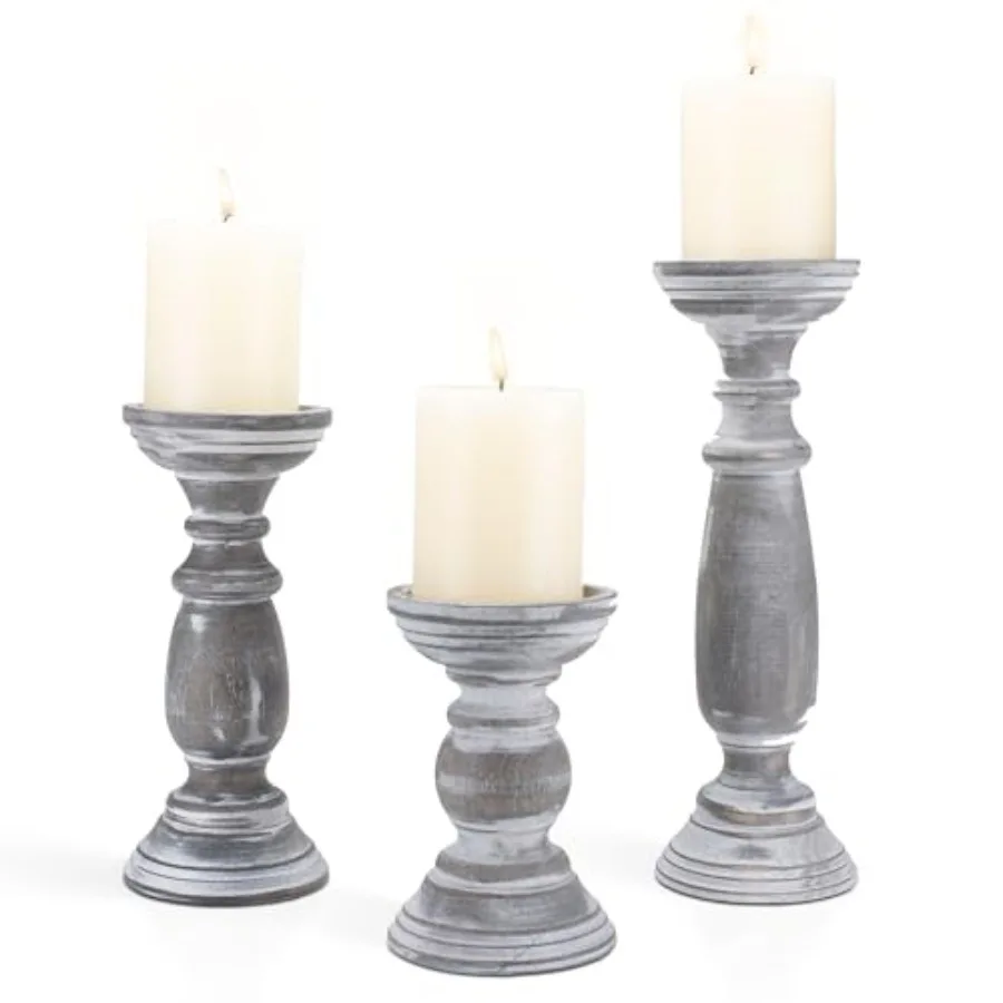 

Rustic Wooden Pillar Candle Holders Set of 3, 12'' 9'' 6'' Farmhouse Wood Candle Stand for Table Centerpieces, Vintage Tall Can
