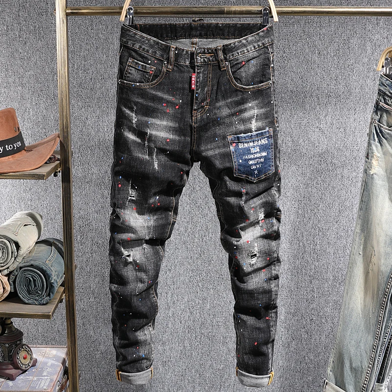 Fashionable new black men's jeans, leather tag, scratch, painted, washed, nostalgic, elastic, slim fit jeans, Israeli designer s