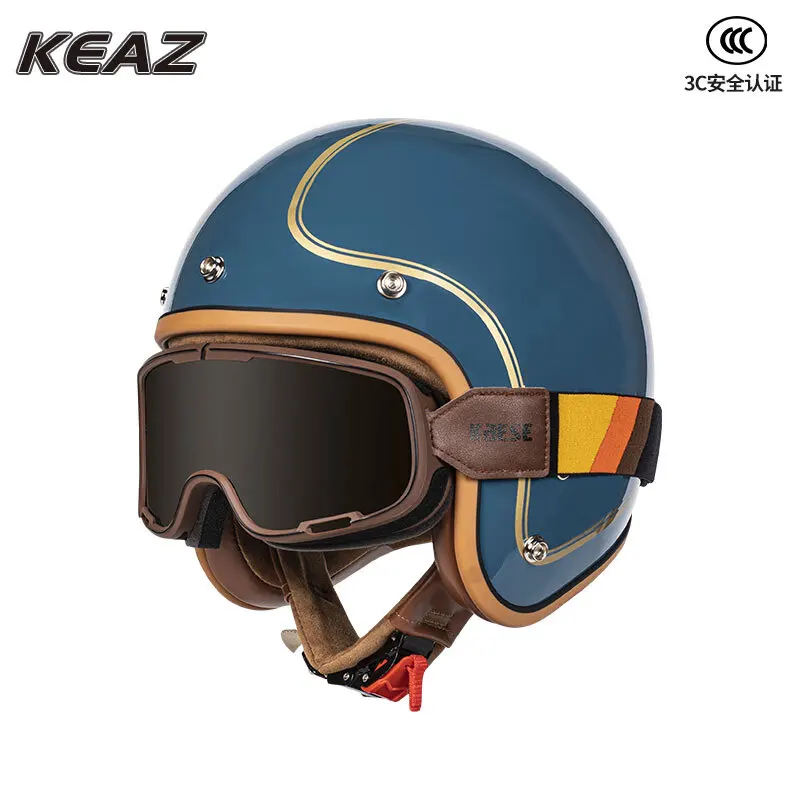 KEAZ-Casco de estilo Retro para motocicleta, accesorio con luz Universal para todas las estaciones, 3C, emparejado con espejos de burbujas, 3/4