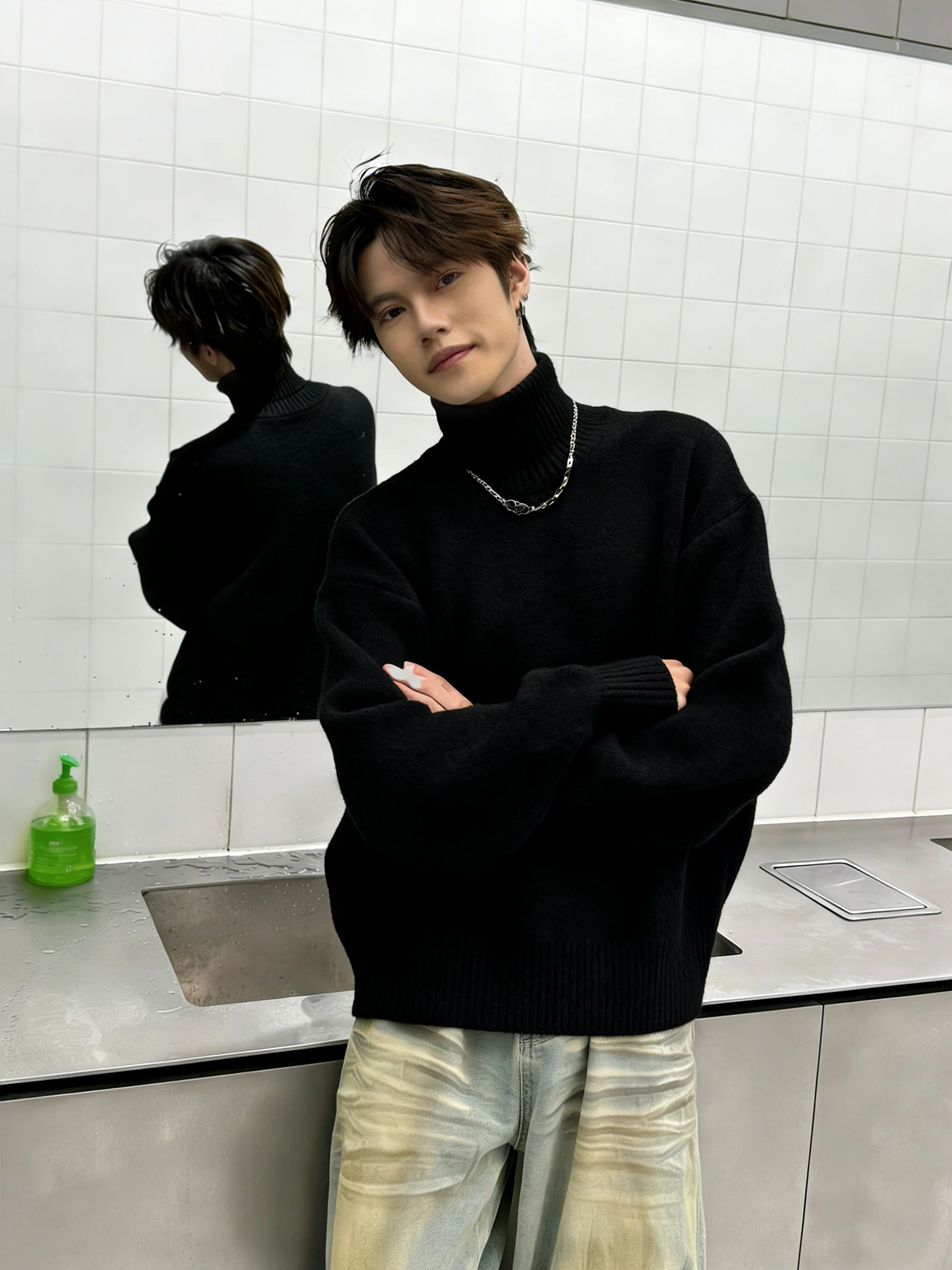 

Cleanfit Men's High Collar Fce Lined Knitwear Winter Warm Base Layer Casual Loose Fit Long Sve Turtlene Sweater