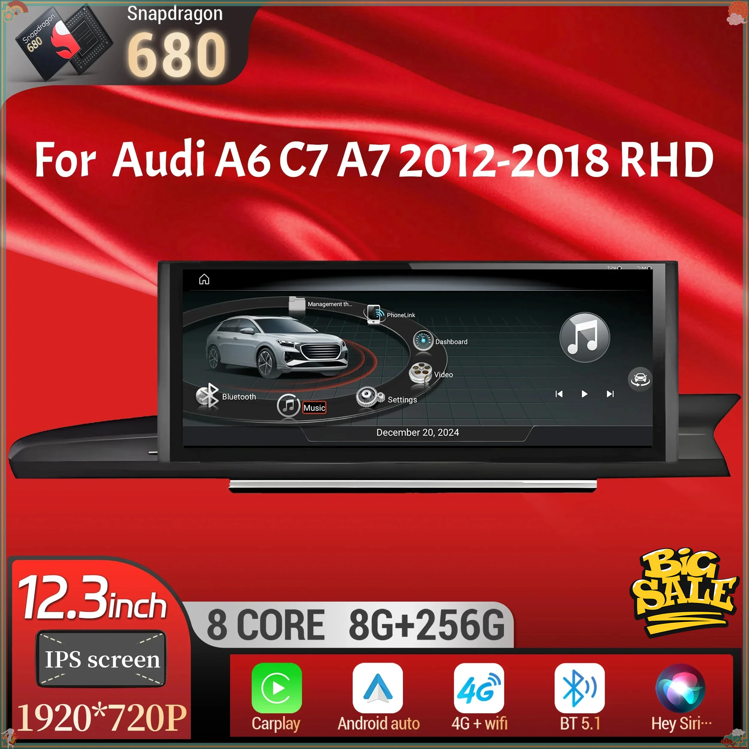 12.3 inch For Audi A6 C7 A7 2012-2018 Right Hand Drive Android 14 Car Radio Wireless BT Carplay Qualcomm Snapdragon 680 Screen