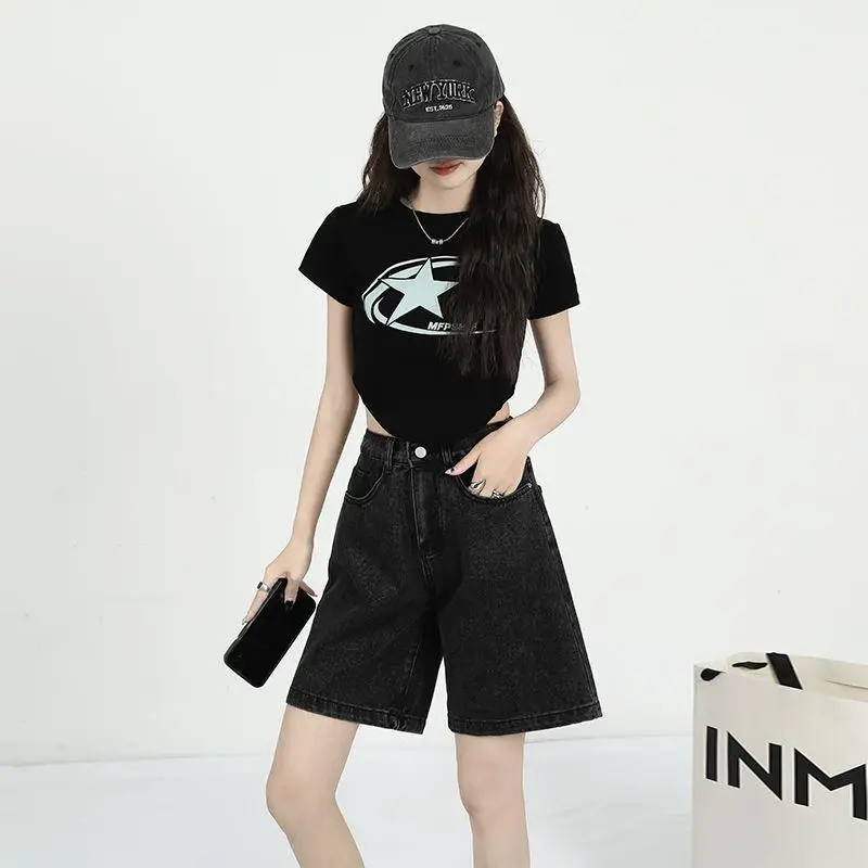 new-2026-women's-black-denim-five-quarter-shorts-a-line-trendy-elastic-waist-fashionable-summer-shorts-no-brand-china-made