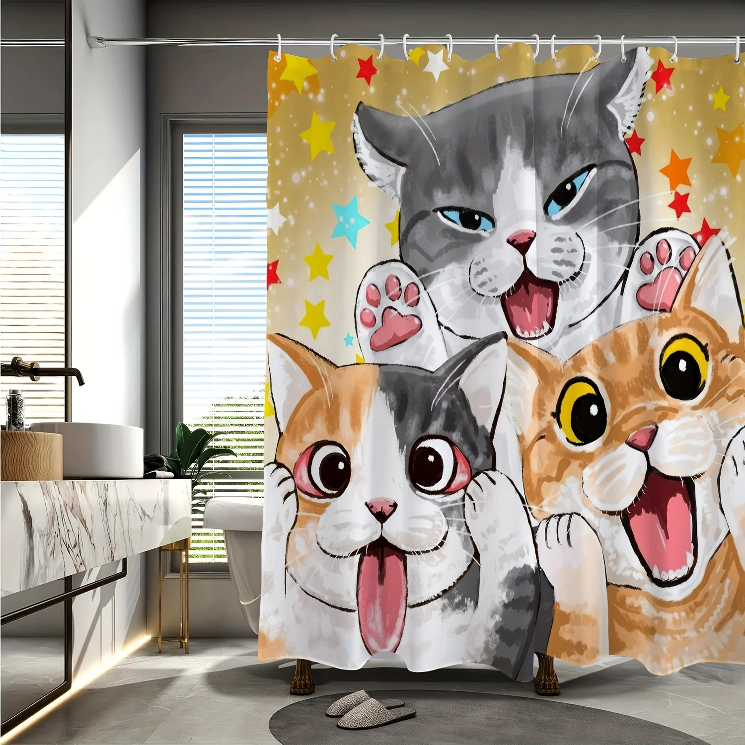 

Водонепроницаемая занавеска для душа с милыми кошками — забавный звездный дизайн, защита от плесени, легко чистится, прочная ткань для декора ванной комнаты