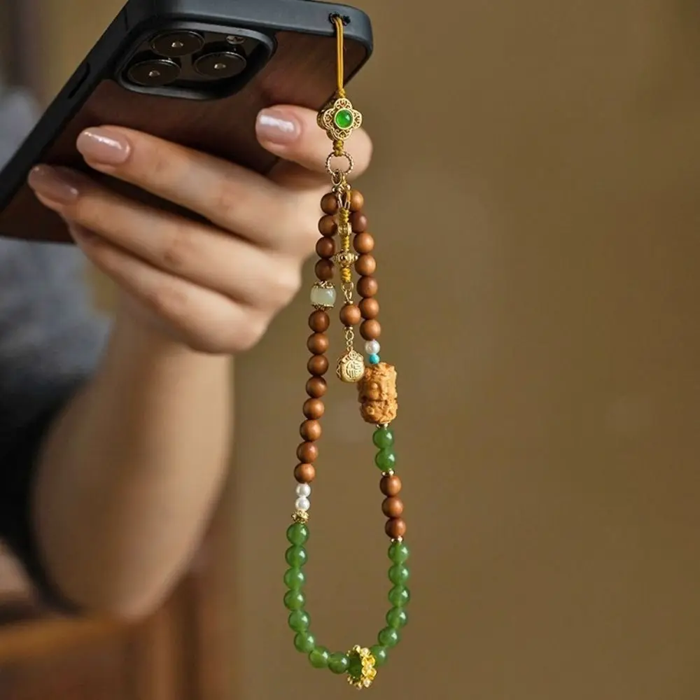 

Цепочка для мобильного телефона в китайском стиле, винтажная короткая подвеска для телефона с бусинами, сандаловое дерево, античная зеленая подвеска на запястье, женская веревка