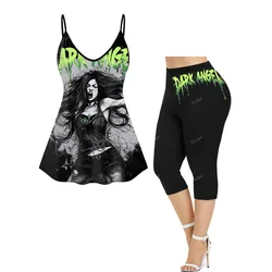 Rosegal Plus Size Gothic Crazy Girl Painting Splatter Letter Printed Capri Leggings or Adjustable Shoulder Strap Cami Top