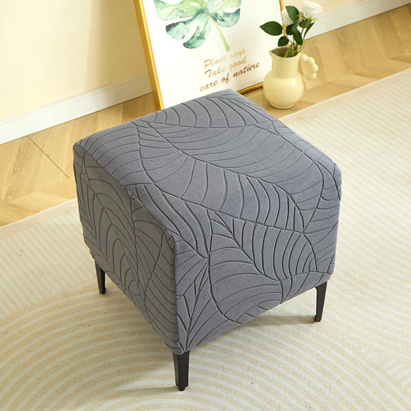 1pc Leaves Jacquard Square Ottoman Cover Elastic Soft Footrest Slipcovers Anti-slip Removable Footstool Cover for Home Decor