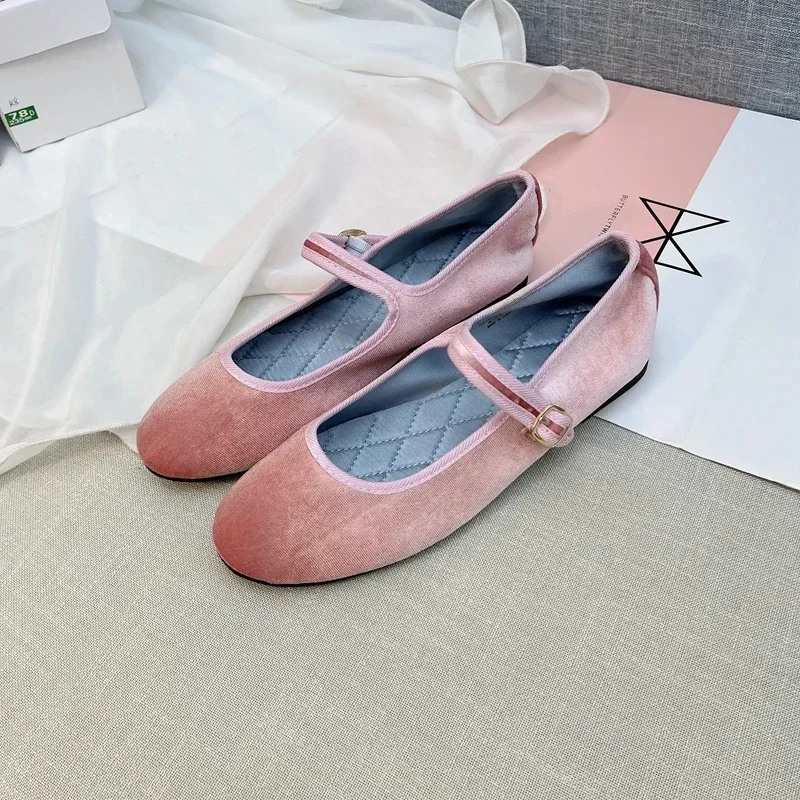 2023 New Autumn Spring Korea Flats Fashion Mary Jane Shoes Round Toe Women's Shoes Velvet Silk Flats Women Shoes 01