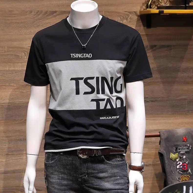 صيف 2025 جديد الكورية نمط الرجال تي شيرتات قصيرة الاكمام 230 جرام القطن الثقيل الرجال إلكتروني طباعة لصق اللون مصمم الموضة المحملة #5