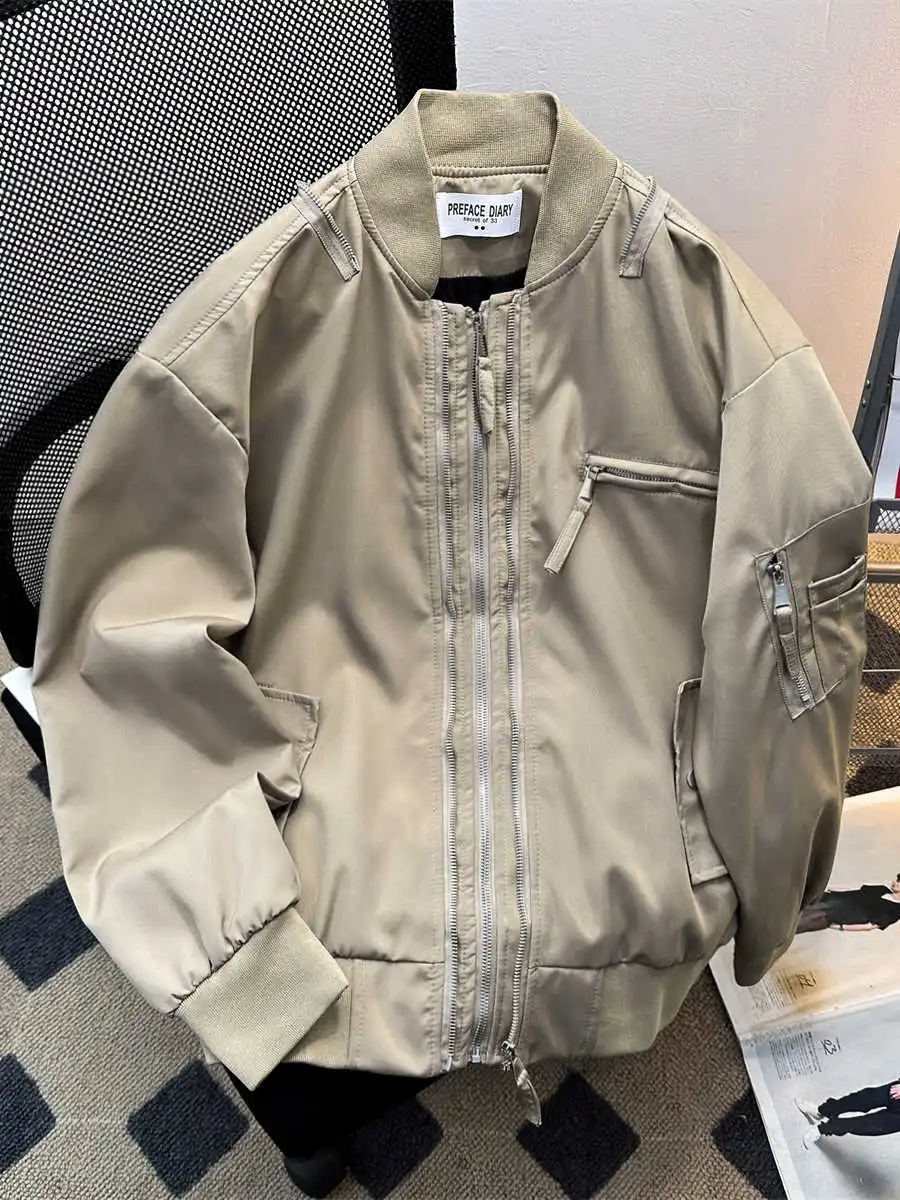 

Женская куртка-бомбер цвета хаки с длинным рукавом, винтажная осенняя куртка в стиле Харадзюку, эстетические бейсбольные пальто, свободная верхняя одежда, одежда 2000-х годов, 2025