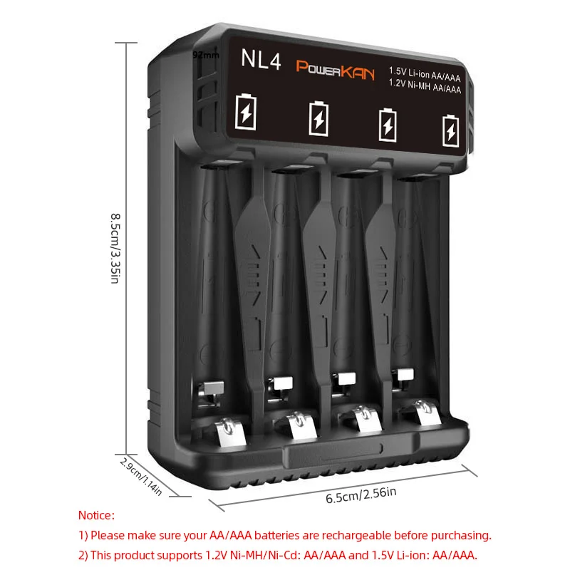 POWERKAN NL4 Battery Charger, 4 Slots Independently Spport 1.2V Ni-MH Ni-Cd and 1.5V Li-ion AA/AAA Battery Charging