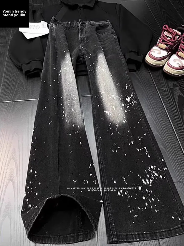 

Мужские джинсы в стиле ретро American Splatter Denim: зимние, премиум-класса, с легким клешем, прямого кроя, модные, для уличного стиля