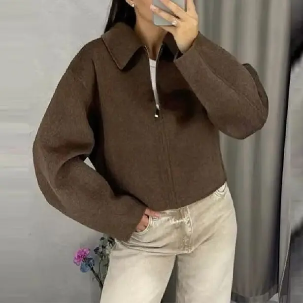 

Ретро-куртка универсального кроя с молнией и отложным воротником, короткое шерстяное пальто, женская верхняя одежда, элегантная модная женская осенняя уличная одежда