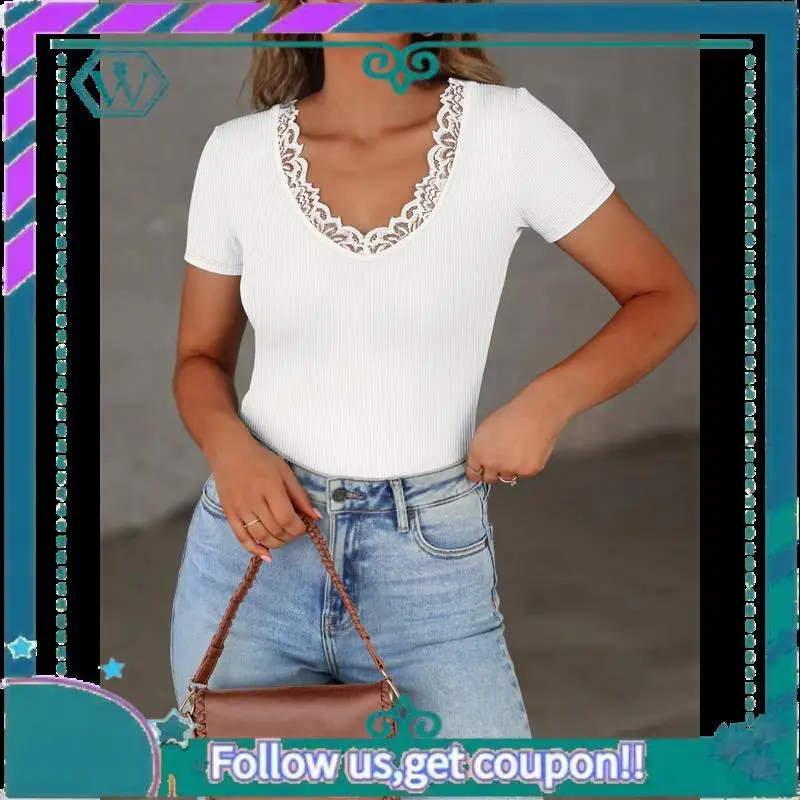 

A09P женские кружевные рубашки с коротким рукавом и v-образным вырезом в рубчик, трикотажные деловые нарядные повседневные летние блузки, футболка