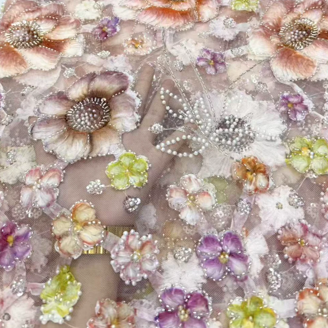 3D Tulle High Quality African Nigerian Lace Fabric Colorful Floral Embroidery Sequins Beads for Wedding Party Dress Sewing