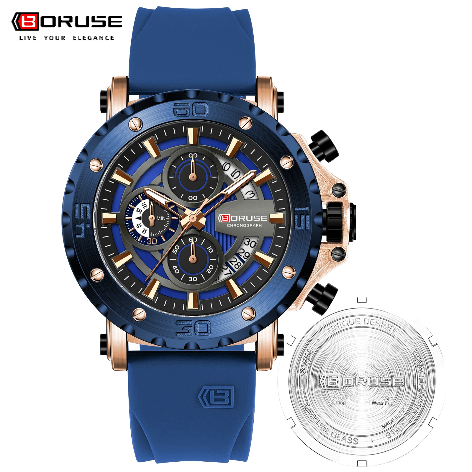 

BORUSE Top Brand Luxury Mens Watches Waterproof Sports Watch Silicone Strap Chronograph Quartz Wristwatch Relogio Masculino