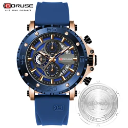 BORUSE Top Brand Luxury Mens Watches Waterproof Sports Watch Silicone Strap Chronograph Quartz Wristwatch Relogio Masculino