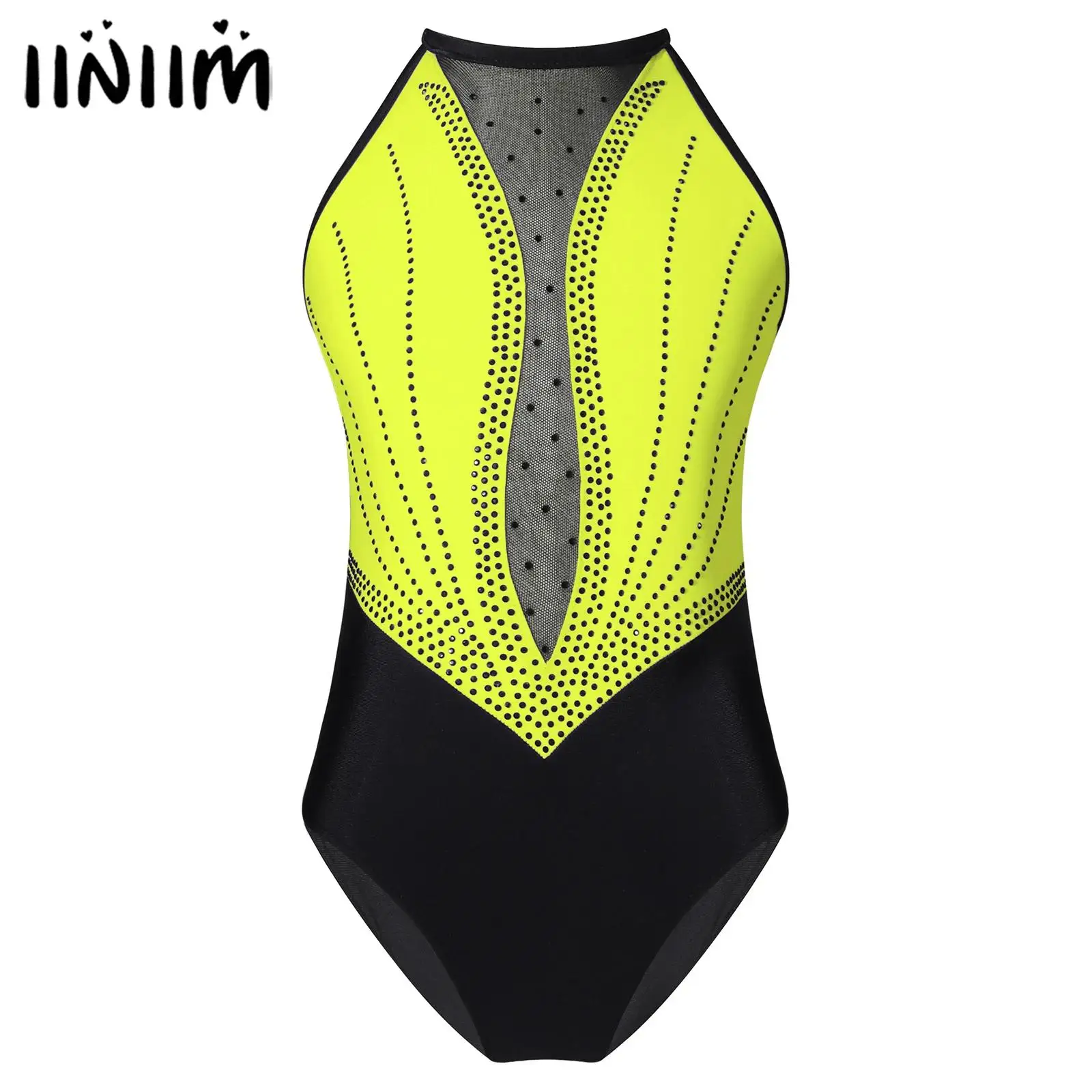 

Детское танцевальное трико для девочек, костюм для фигурного катания, блестящий сетчатый комбинезон на бретельках с вырезами, одежда для балетного танца