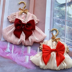 Dog Dress Summer Chiffon Bow Dress Pearl Collar Short Sleeve Dress with Shimmering Fabric Pet Fashion Accessory L58742