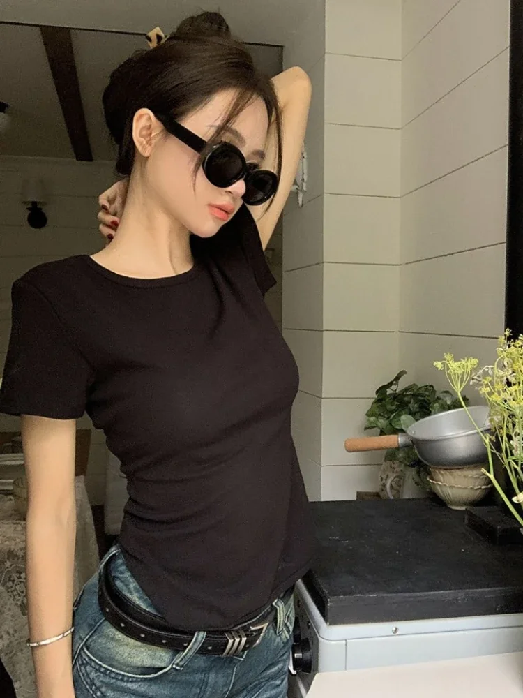 Y2k Aesthetic Solid Backless Short Sleeve Tshirts 2024 Summer Slim All Match Crop Top Ins Sexy Streetwear Women Cotton T-shirt