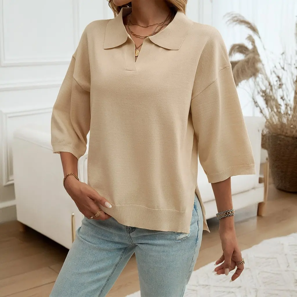 

Diyun Women's Solid Color Lapel Loose Sweater European American Style Spring Summer Fashion Temperament Casual Top