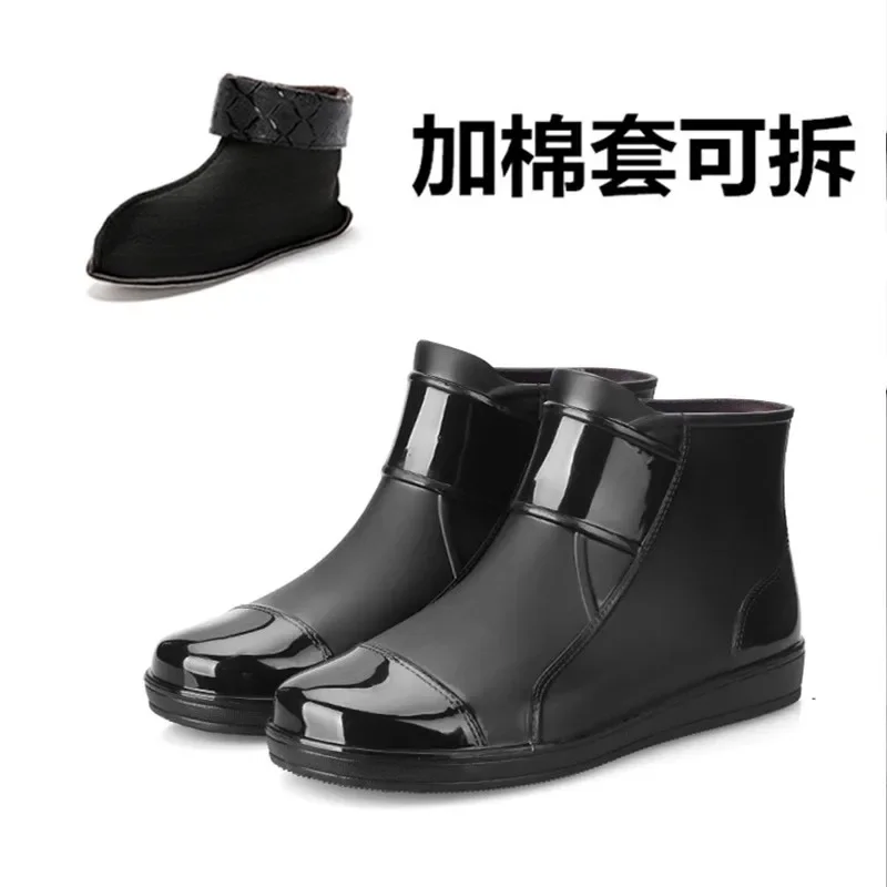 Men\'s Rain Boots Short Style Outdoor Rubber Shoes Work Non-slip Waterproof Leisure Fishing Plus Cotton Warm