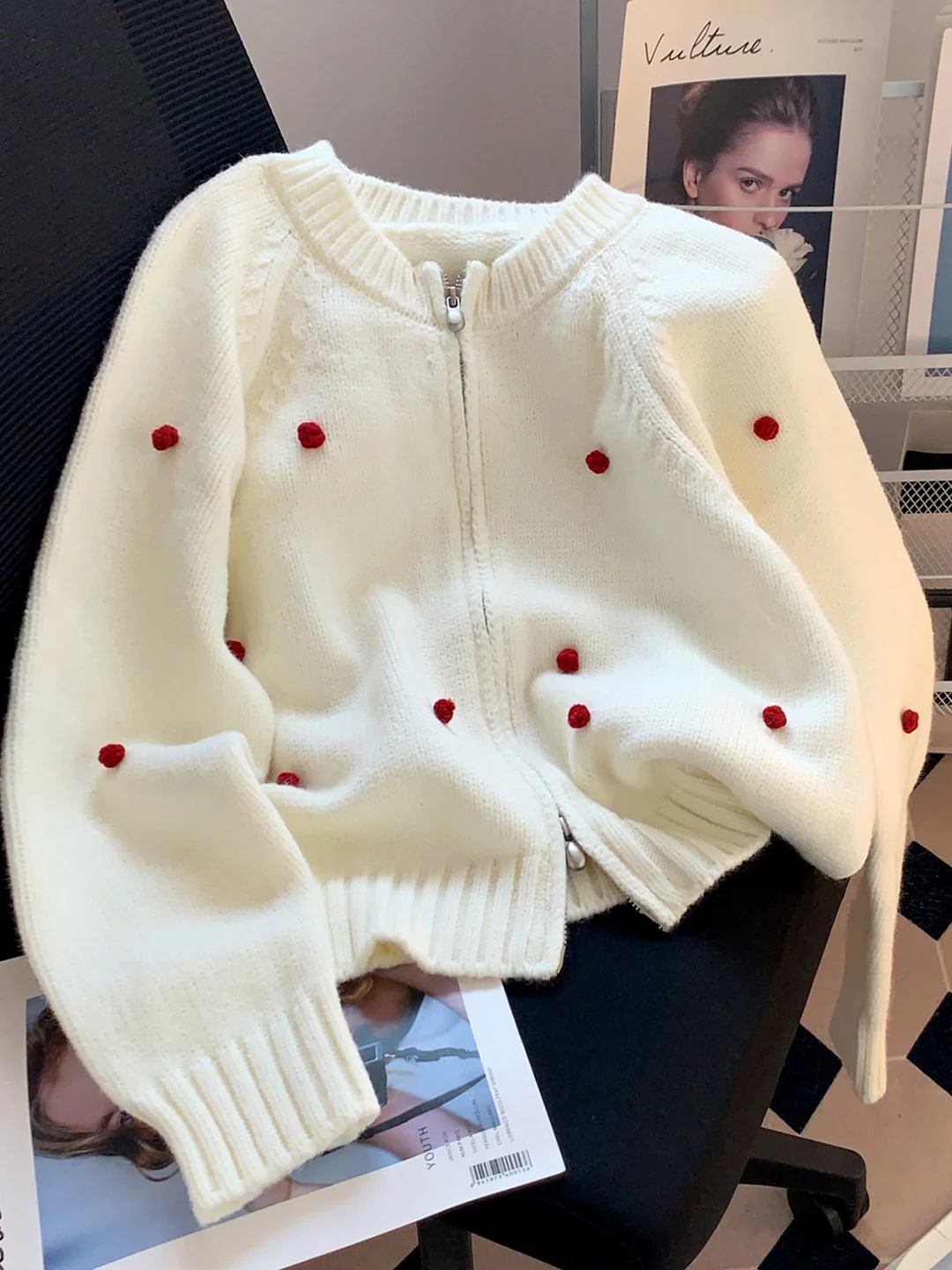 

Sweet Cute Polka Dot Double Zipper Knitted Open Cardigan Women's Autumn Winter New Korean Sle Sweater Jaet Trendy