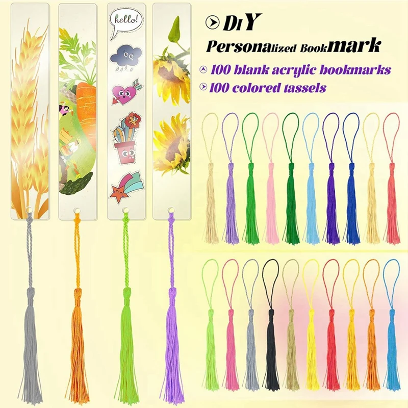 100 PCS Acrylic Blanks Bookmarks With 100 Pcs Colorful Bookmark Tassels, For DIY Craft Projects & Gift Tags