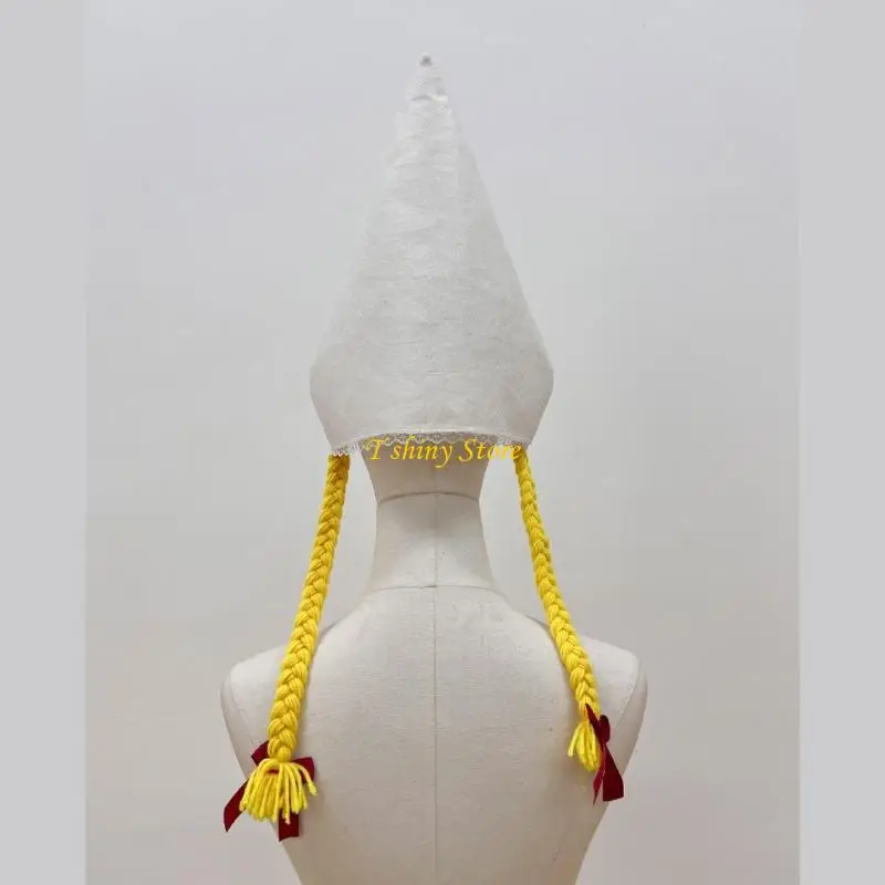 N58F Oktoberfest Costume Hat with Attached Pigtail Braids, Wrinkle-Resistant Polyester, and Decorative Lace Trim Design