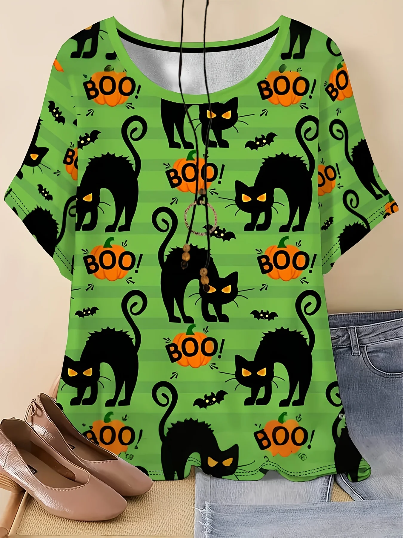 Women's T-shirt Black Cat Pumpkin Boo Bat All Over Print Crew Neck Short Sleeve Loose Fit Halloween Party Style Women Clothing