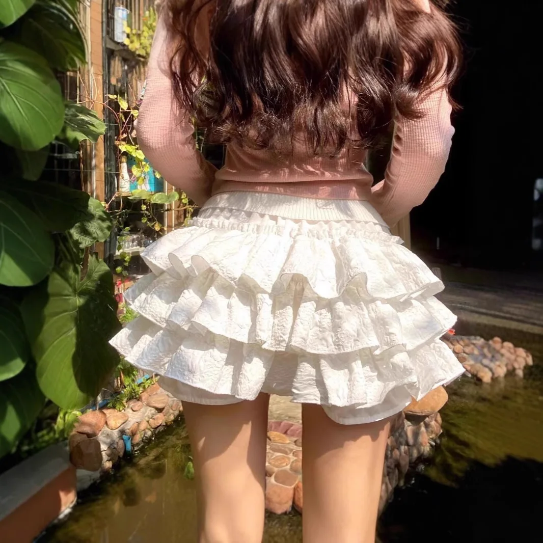 Summer 2025 White Pure Desire Small Size Versatile Cake Skirt Puffy Half-length Short Girl's Skirt Splicing Polyester Fabric