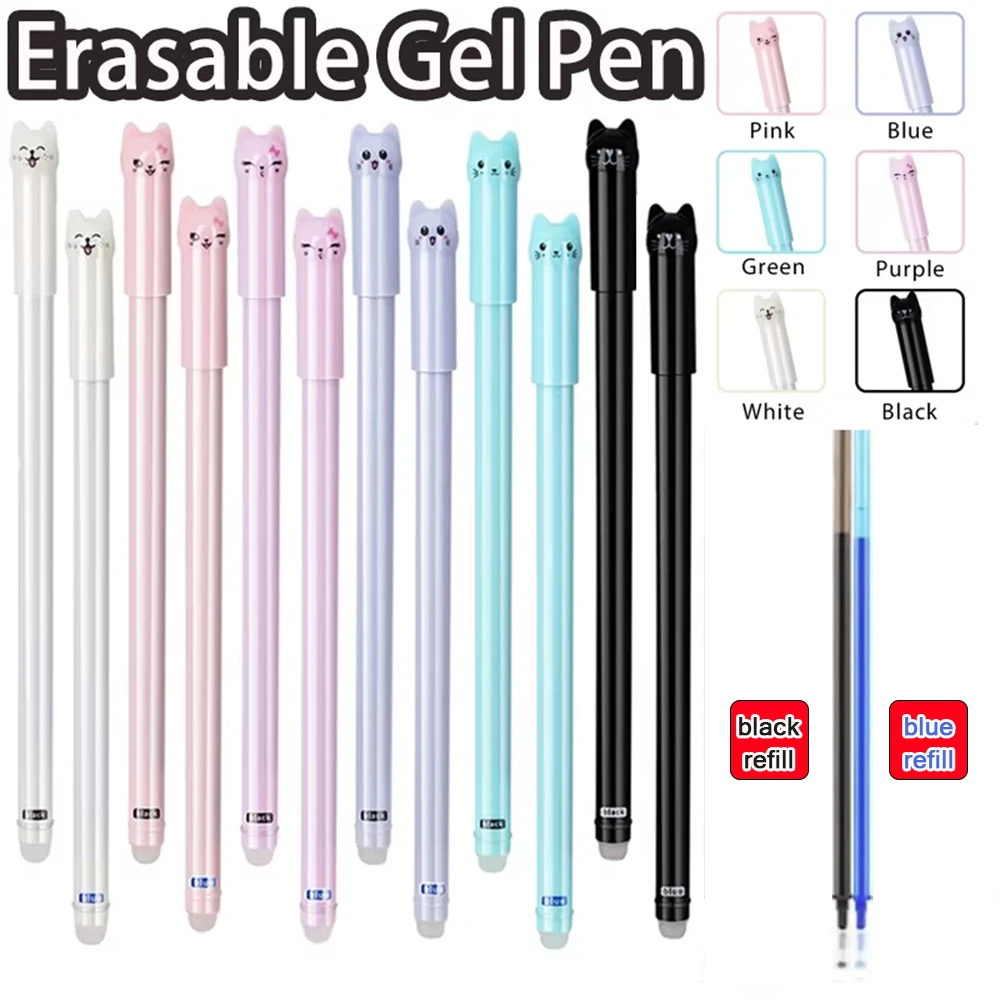 4/6Pack Cat-Themed Erasable Gel Pens 2 Colors Refill Set 0.5mm Fine Point Heat Sensitive with Rubber Grip Assorted Styles