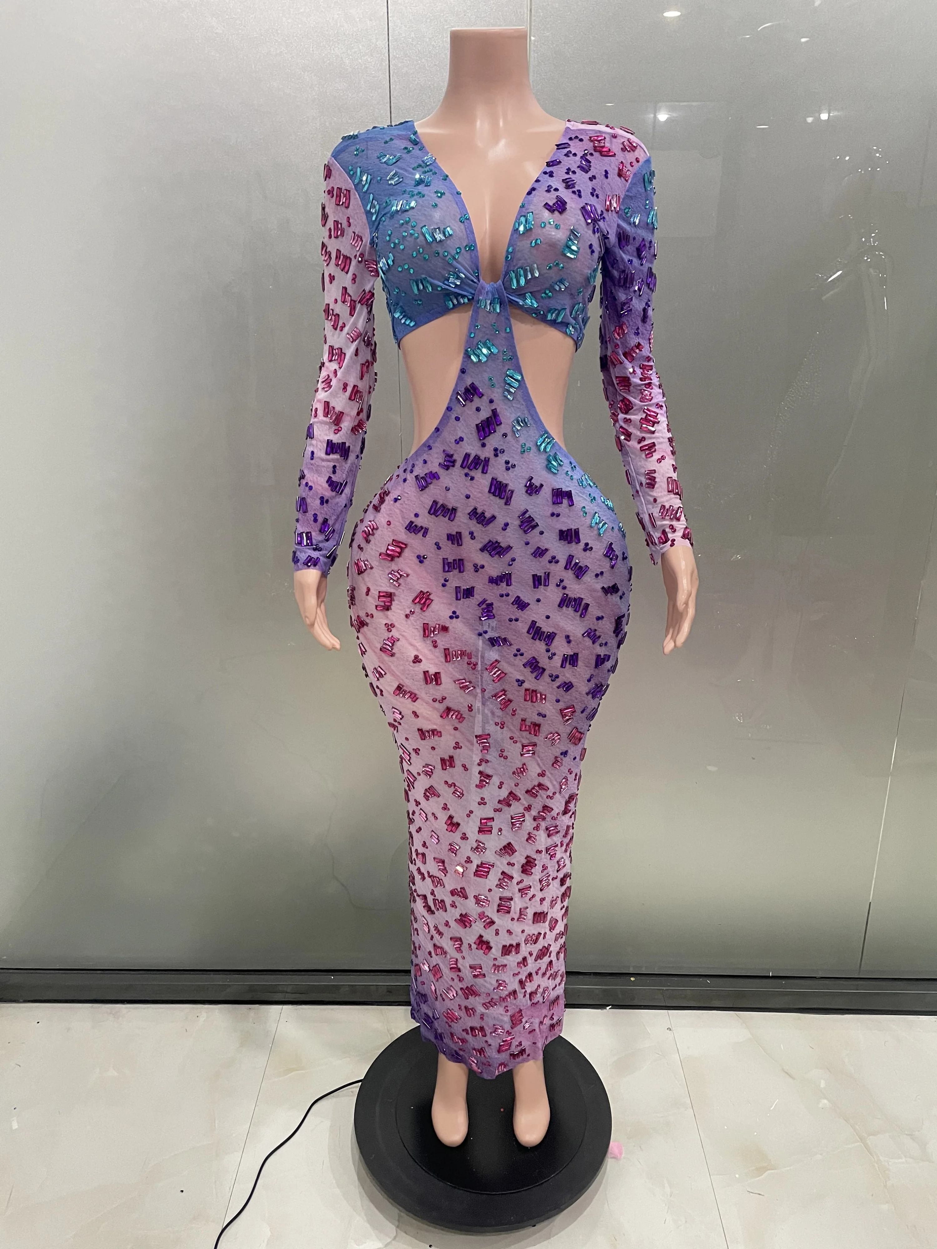 Women Sexy Colorful Sparkly Crytral Diamonds Long Sleeves Dress Evening Party Singer Performance Costume Nightclub Stage Wear