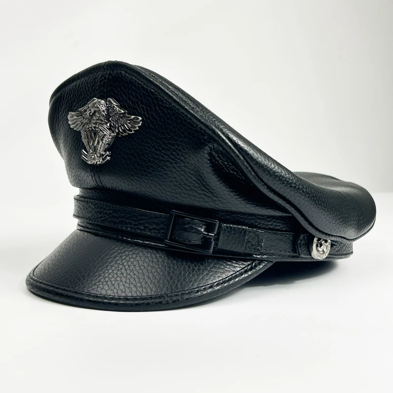2025 Retro German Military Caps For Men Male Genuine Leather Flat Top Hats European American Captain Locomotive Chapeau